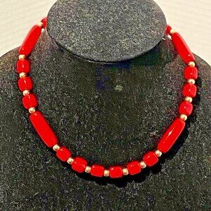 Vintage -Trifari- Necklace- Red Beaded Gold Tone Spacers 24 In.